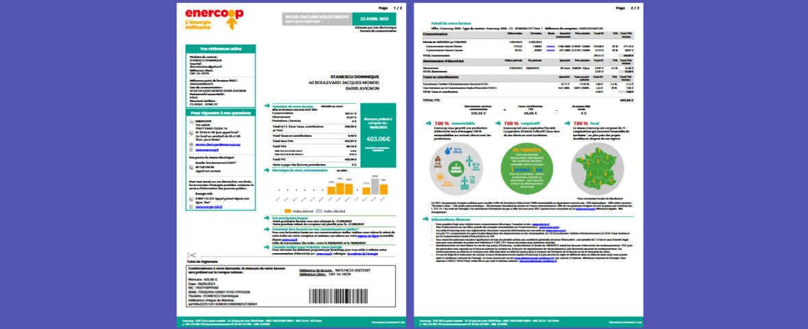 France ENERCOOP Electricity Bill Template in word and pdf format