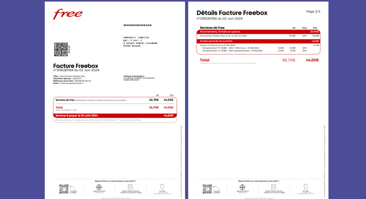 France Freebox Internet Mobile Invoice Template in word and pdf format