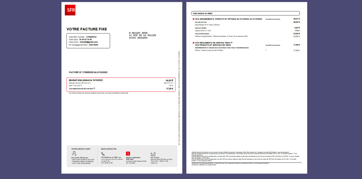 France SFR Fixed Line & Fiber Invoice Template in word and pdf format