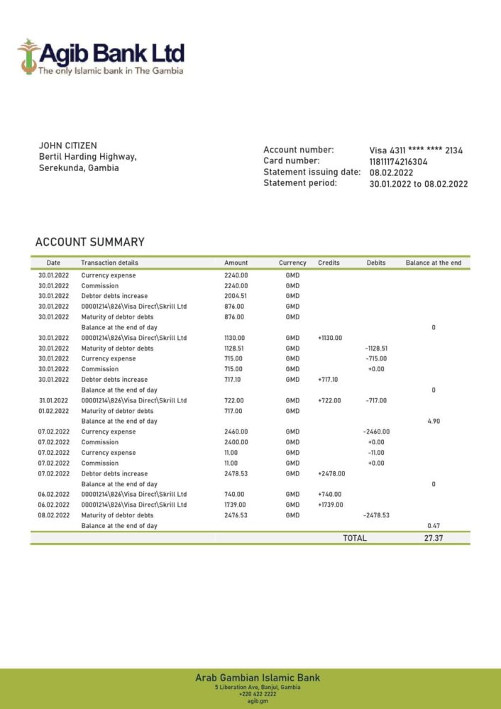 Gambia Arab Gambian Islamic Bank Statement Template