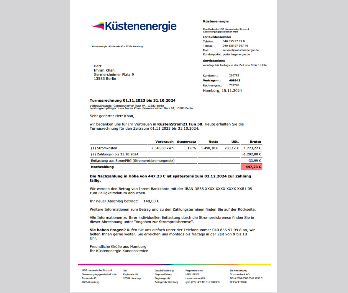 Germany Küstenenergie Electricity Bill Template in word and pdf format