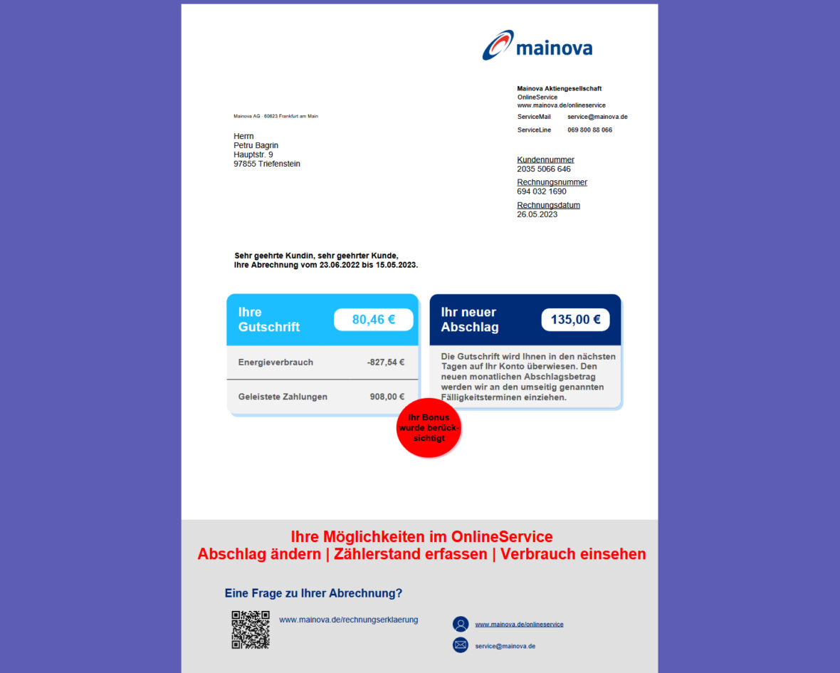 Germany Mainova Annual Electricity Bill Template in word and pdf format