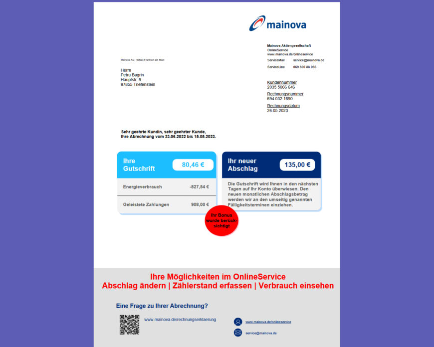 Germany Mainova Annual Electricity Bill Template in word and pdf format