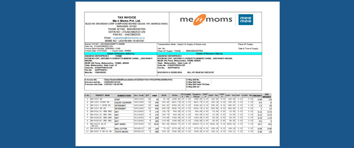 India Aadarsh Editable Tax Invoice Template