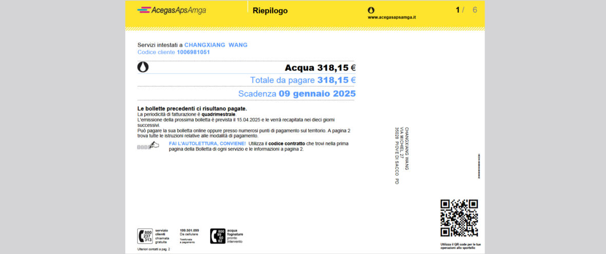 Italy AcegasApsAmga Integrated Water Service Bill Template in word and pdf format