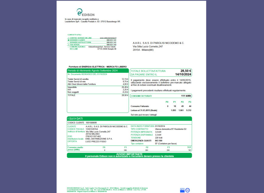Italy EDISON Electricity Bill Template in word and pdf format