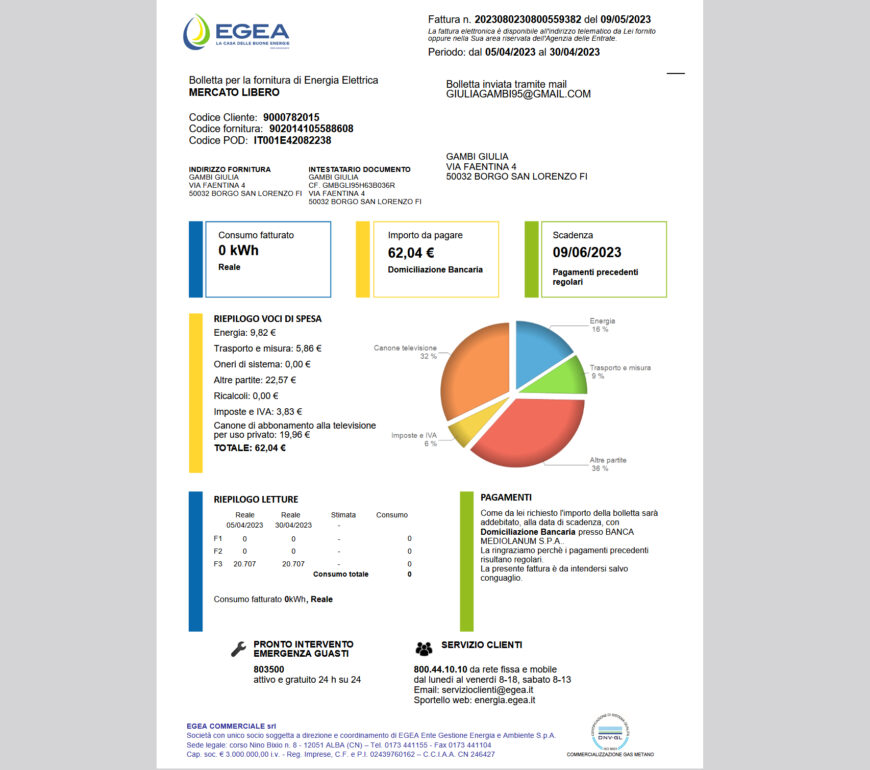 Italy EGEA Electricity Bill Template in word and pdf format