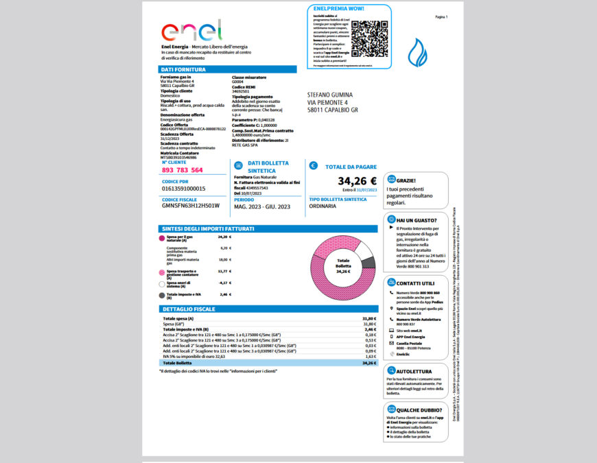 Italy Enel Energia Gas Bill Template in word and pdf format