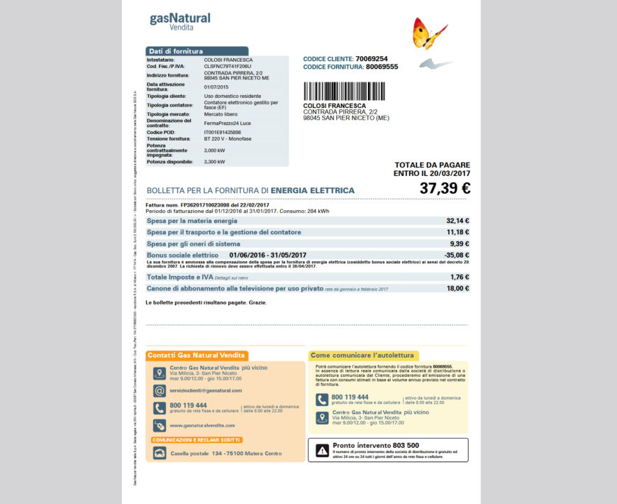 Italy Gas Natural Vendita Electricity Bill Template in word and pdf format