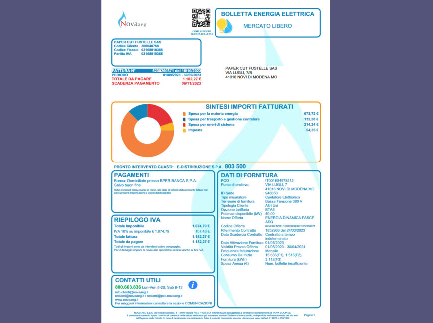 Italy NOVA AEG Electricity Bill Template in word and pdf format
