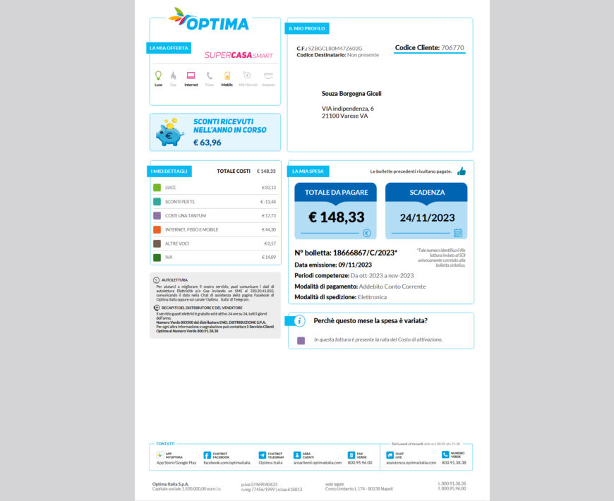 Italy Optima Multi-Utility Bill Template in word and pdf format