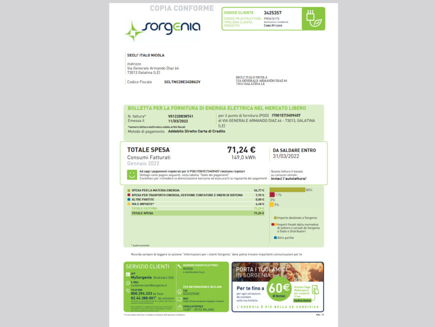 Italy Sorgenia Electricity Bill Template in word and pdf format
