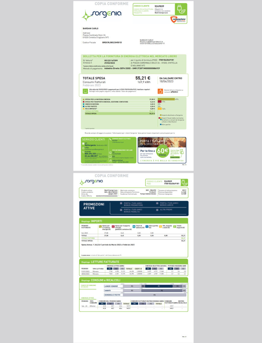 Italy Sorgenia Electricity Bill Template in word and pdf format