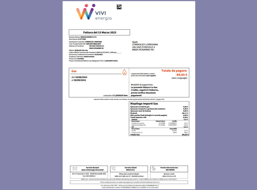 Italy VIVI Energia Gas Bill Template in word and pdf format