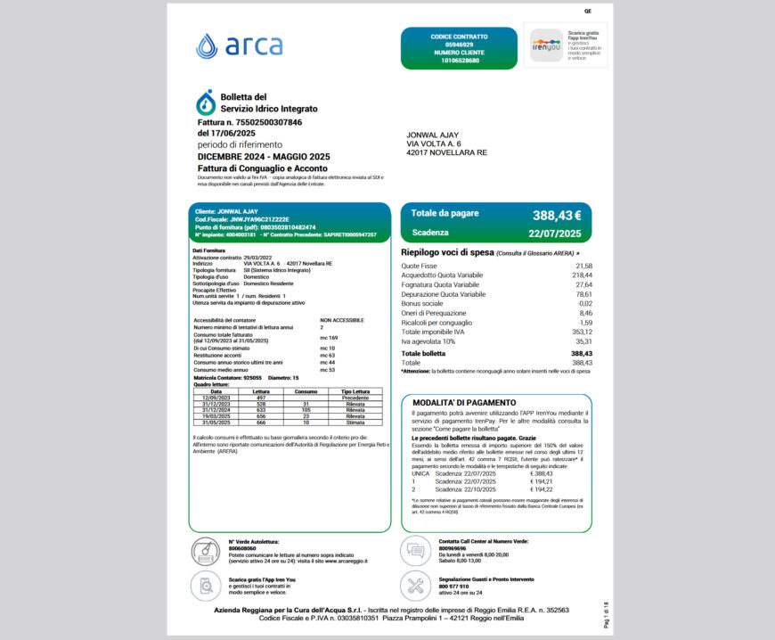 Italy Water Service Bill Template in word and pdf format v6