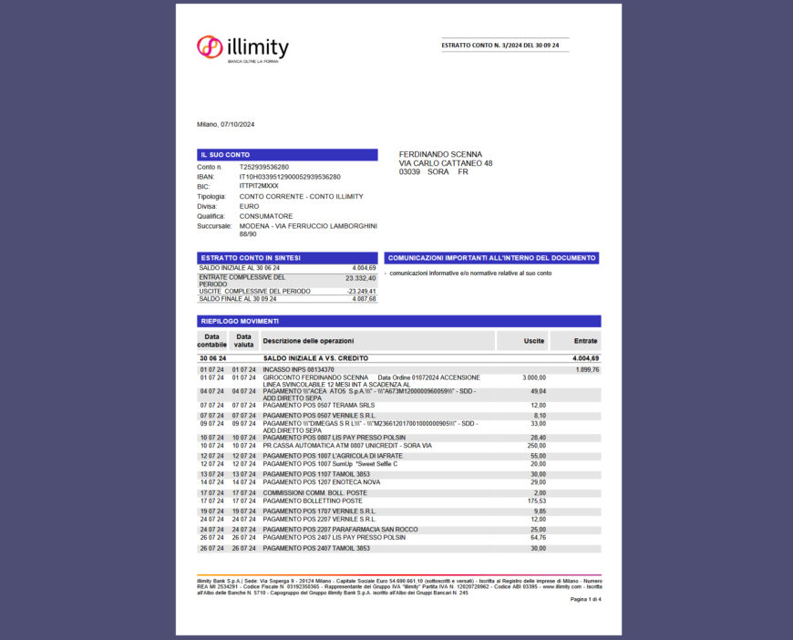 Italy illimity bank Bank Account Statement Template in word and pdf format