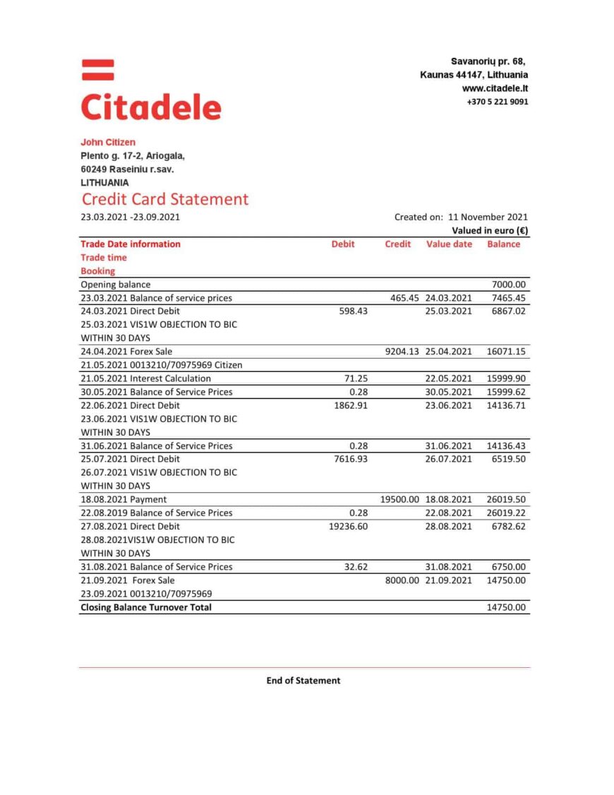 Lithuania Litva Citadele Bank Credit Card Statement Excel And PDF Template
