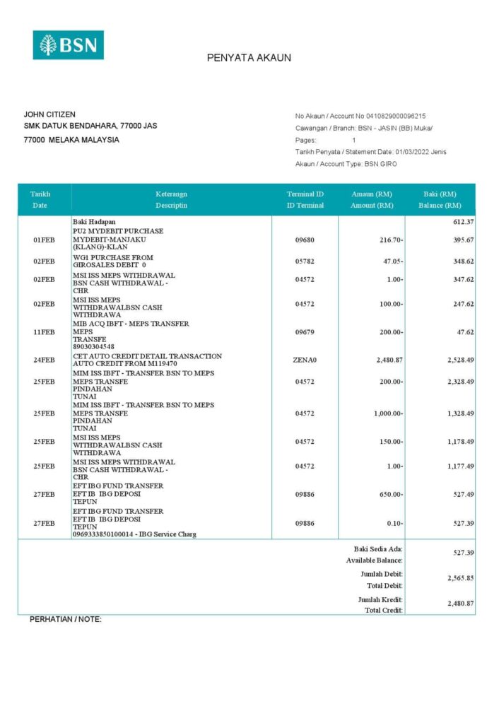 Malaysia BSN Bank Account Statement Penyata Akaun Word And PDF Template English And Malay Languages