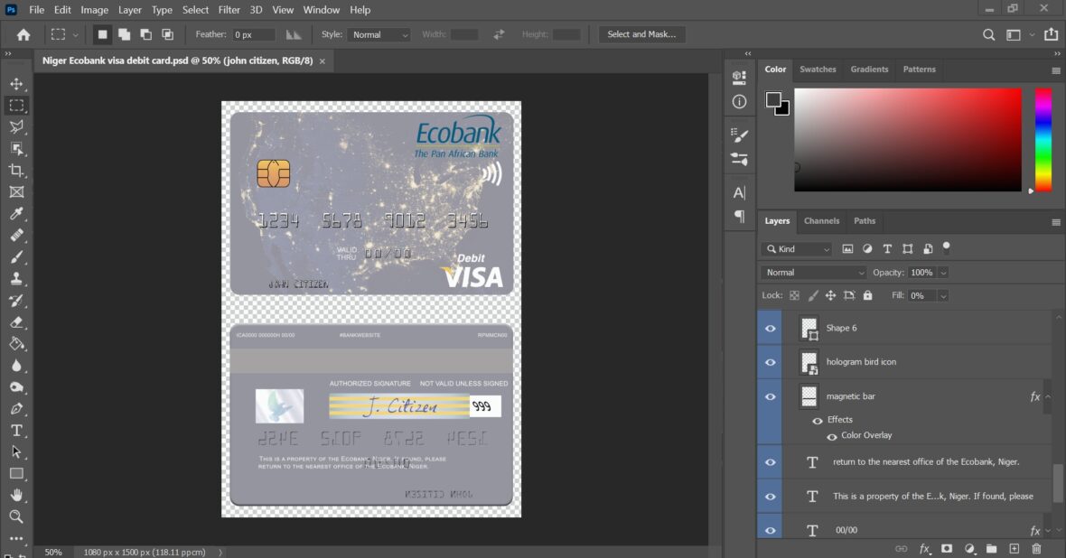 Niger Ecobank Visa Debit Card PSD Template