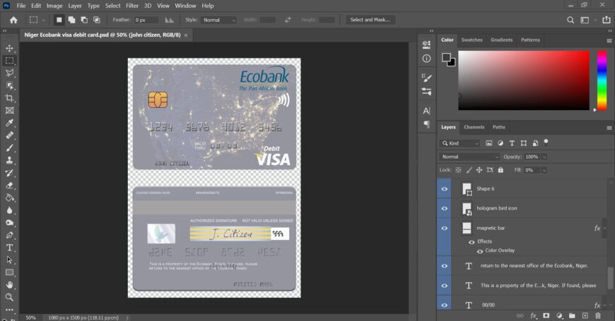 Niger Ecobank Visa Debit Card PSD Template