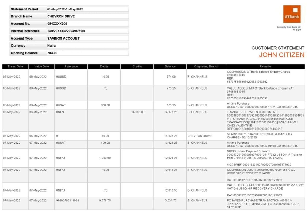 Nigeria GTBank Statement Word And PDF Template Version 2