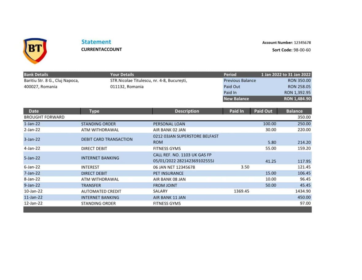 Romania Banca Transilvania Bank Statement Excel And PDF Template