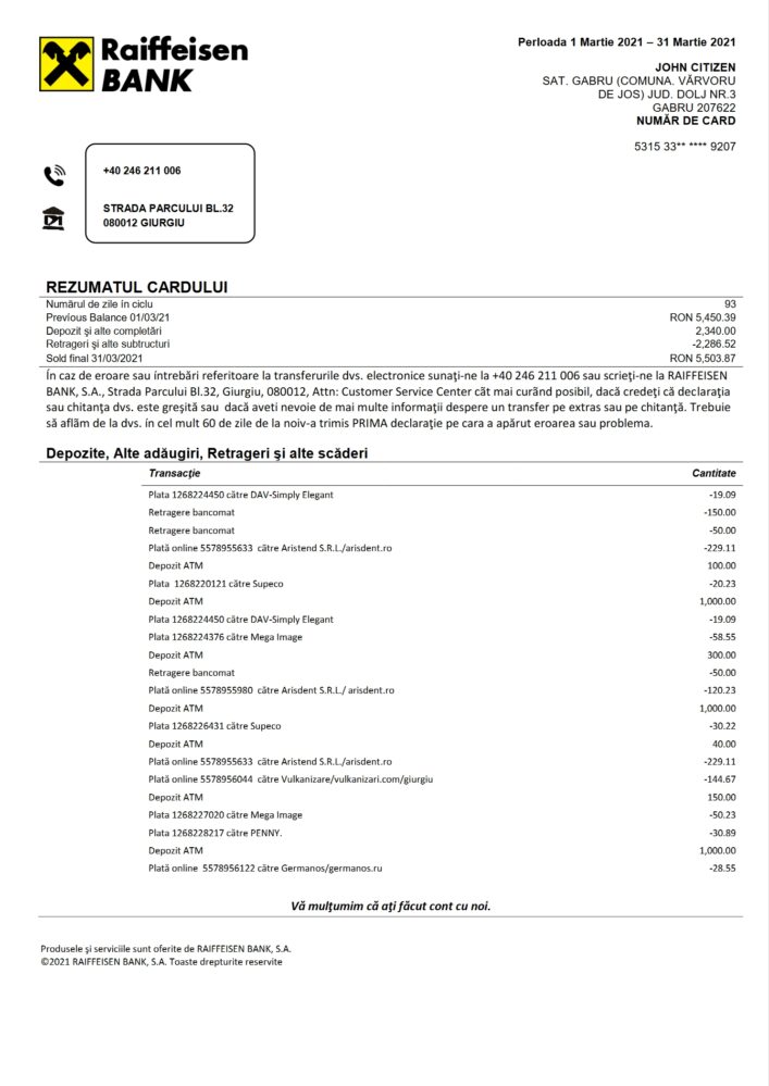 Romania Raiffeisen Bank Statement Template Romanian Language