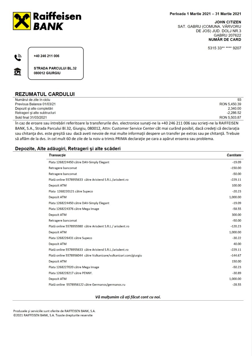 Romania Raiffeisen Bank Statement Template Romanian Language