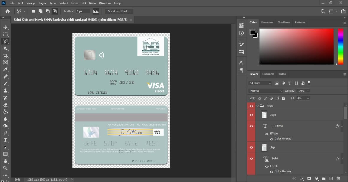 Saint Kitts And Nevis SKNA Bank Visa Debit Card PSD Template