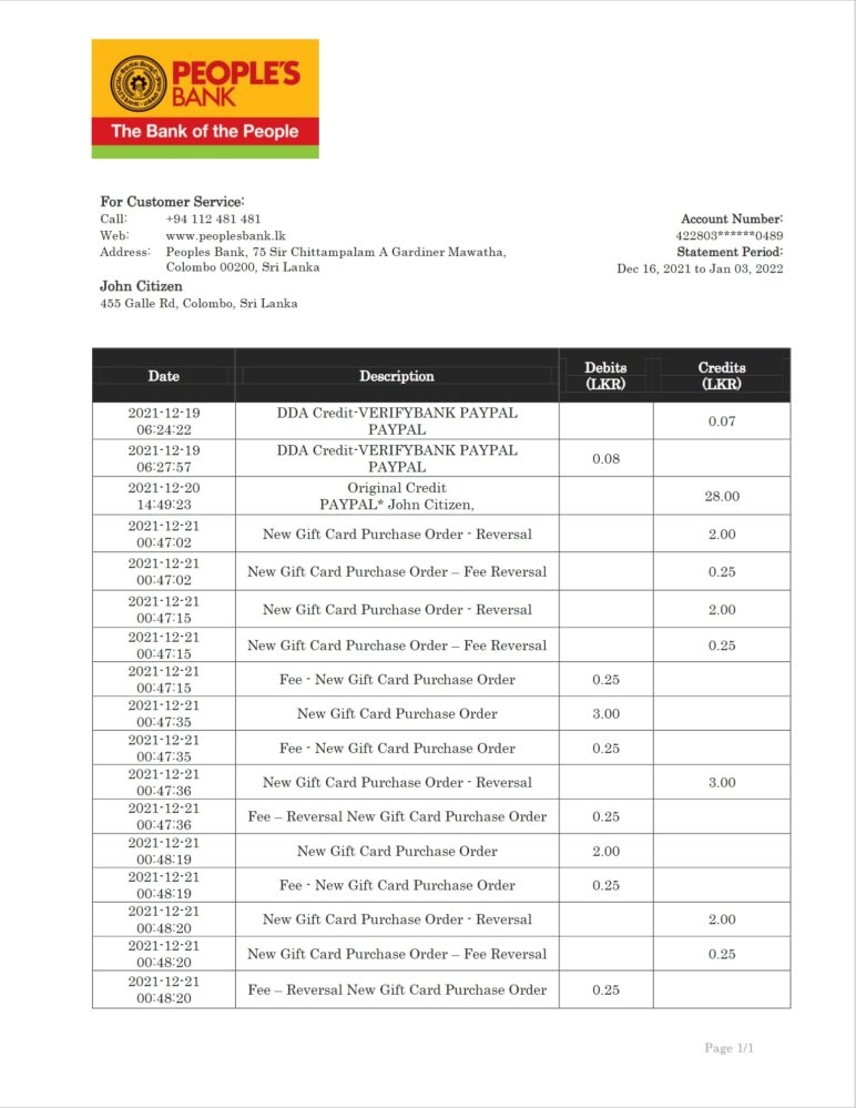 Sri Lanka Peoples Bank Bank Statement Word And PDF Template Version 2