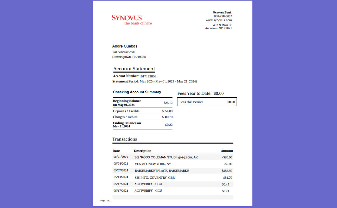 US Synovus Checking Account Statement Template in word and pdf format