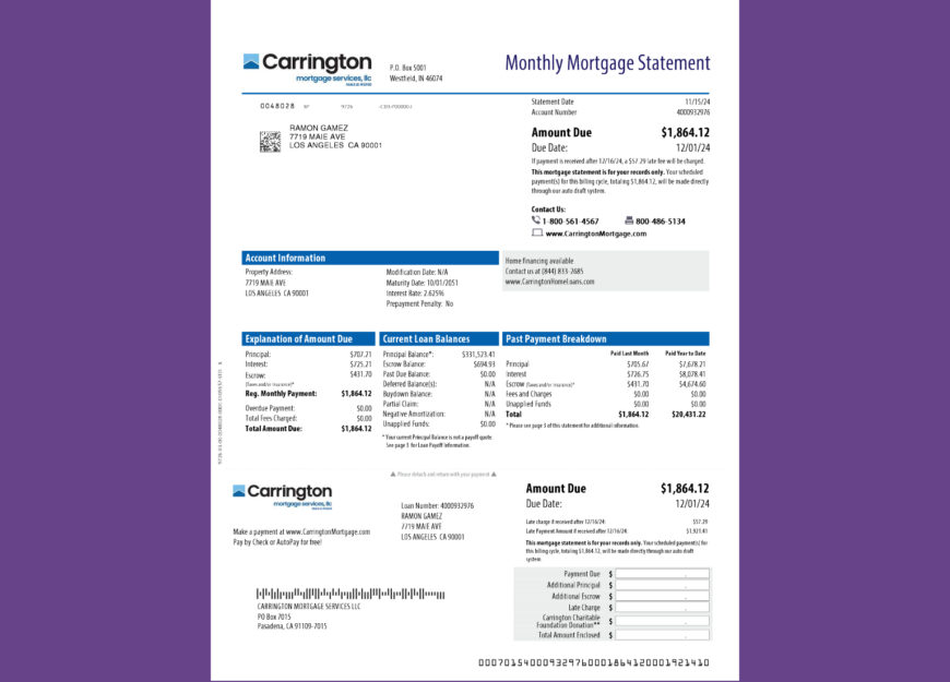 USA Carrington Mortgage Statement Template in word and pdf format