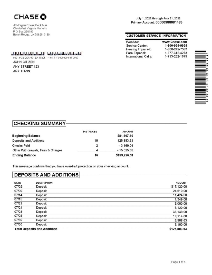 USA Chase Bank Statement Word And PDF Template 4 Pages