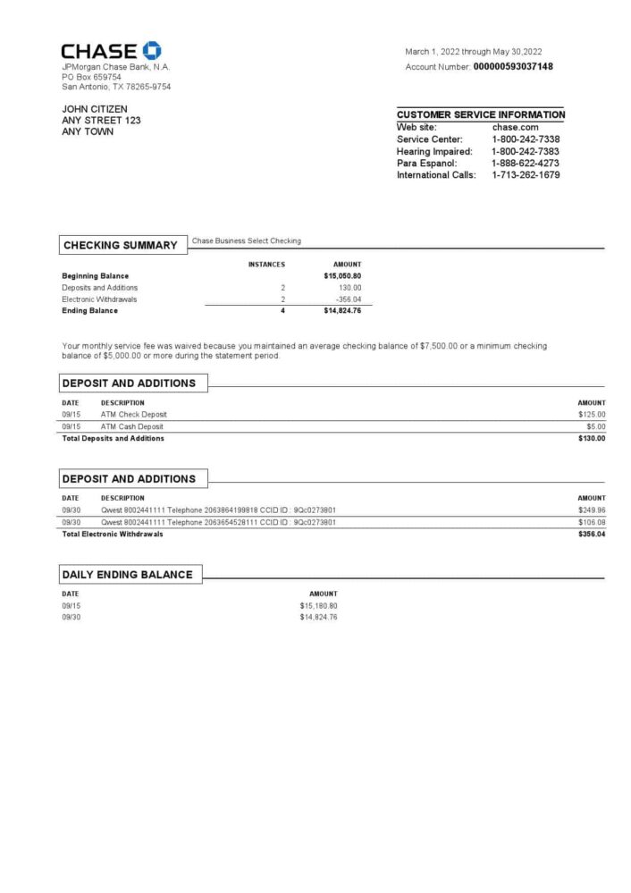 USA Chase Bank Statement Word And PDF Template Version 3