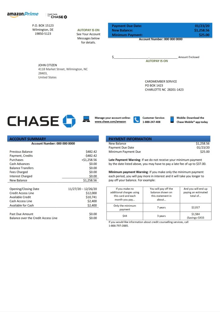 USA Chase bank Credit Card Statement Word And PDF Template