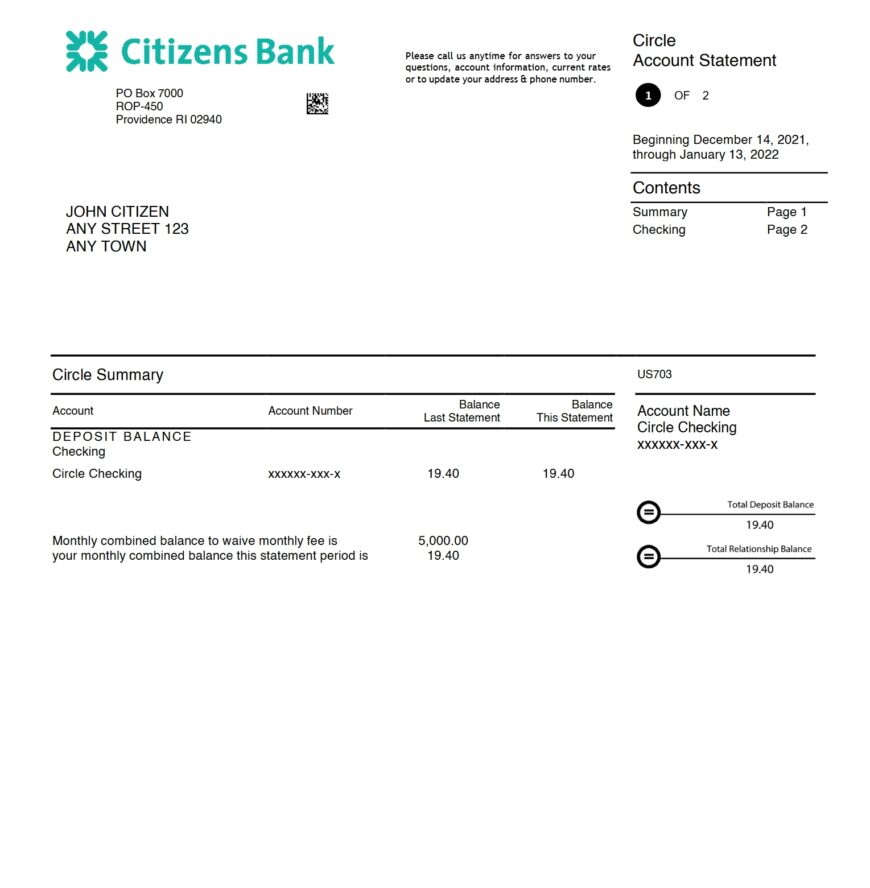 USA Citizens Bank Statement Word And PDF Template 3 Pages