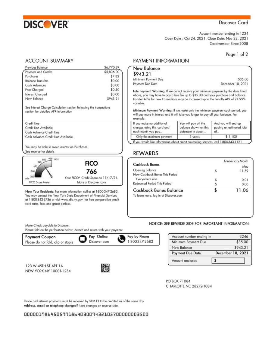 USA Discover Bank Credit Card Statement Word And PDF Template