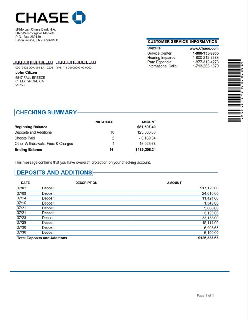 USA JP Morgan Chase Bank Statement Template