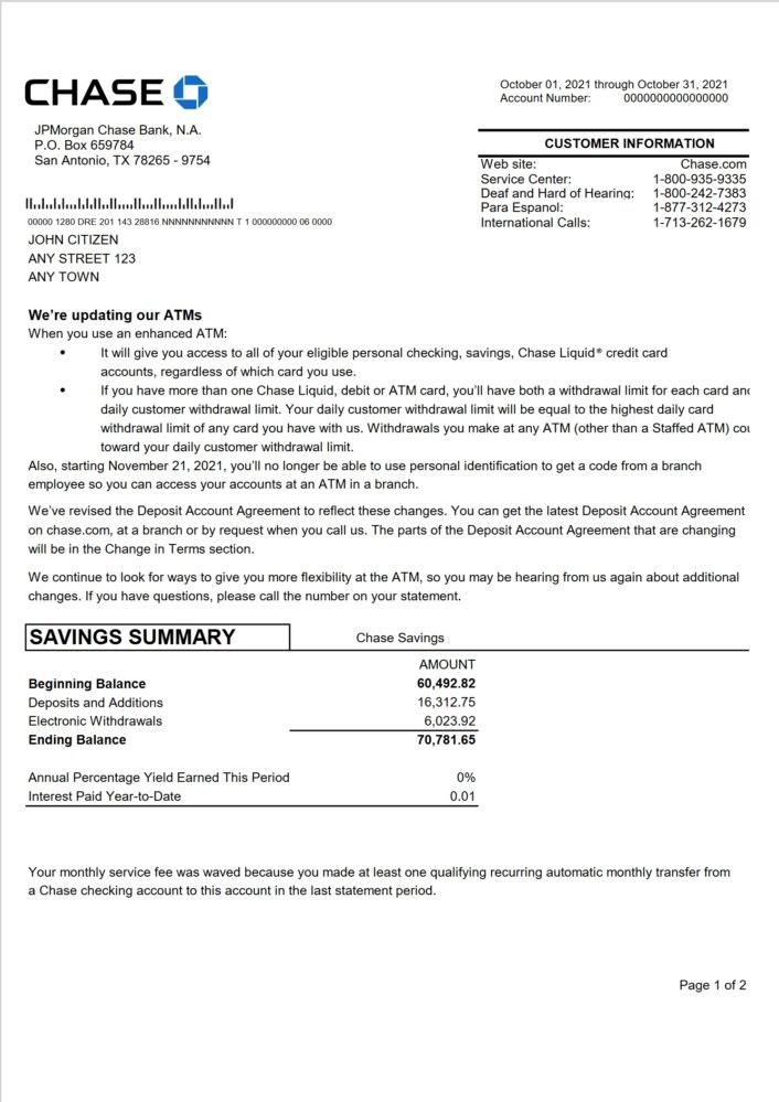 USA JP Morgan Chase Bank Statement Word And PDF Template