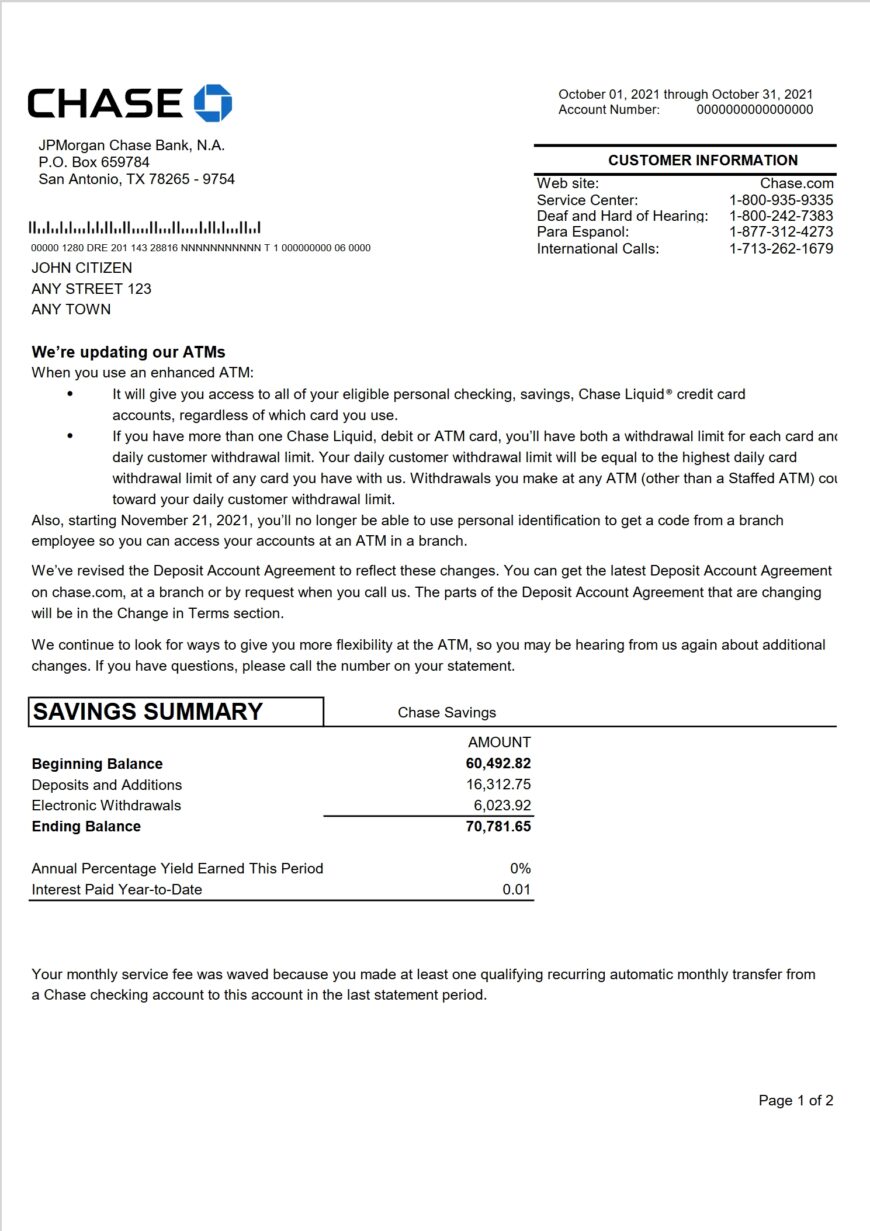 USA JP Morgan Chase Bank Statement Word And PDF Template