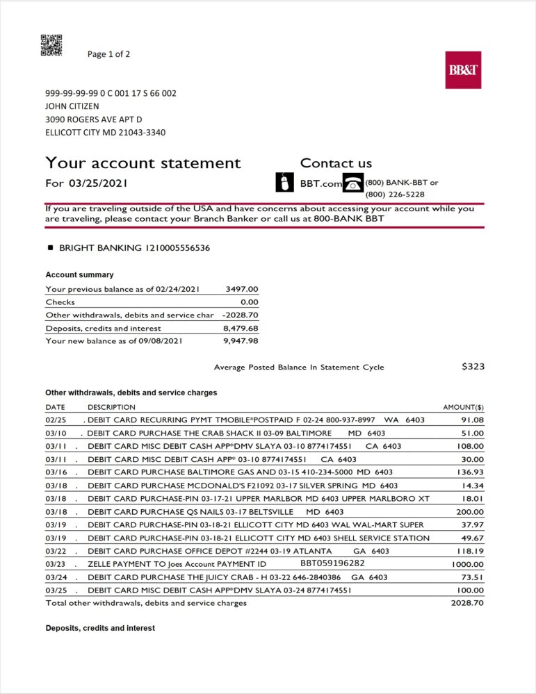 USA North Carolina BBT Corp. Bank Statement Template 2 Pages