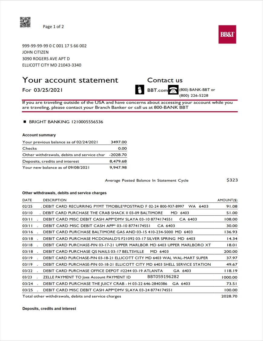 USA North Carolina BBT Corp. Bank Statement Template 2 Pages