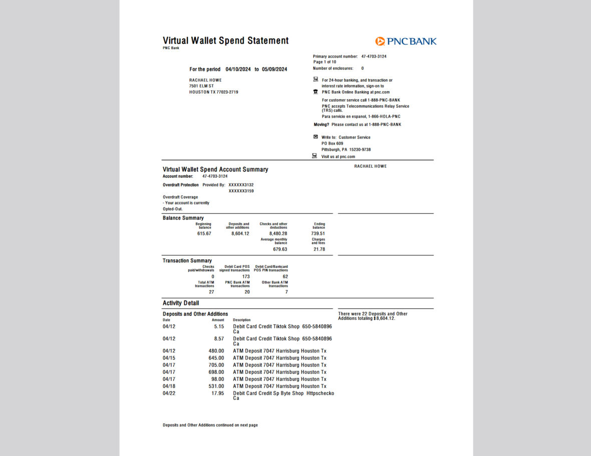 USA PNC Bank Virtual Wallet Spend Statement Template in word and pdf format