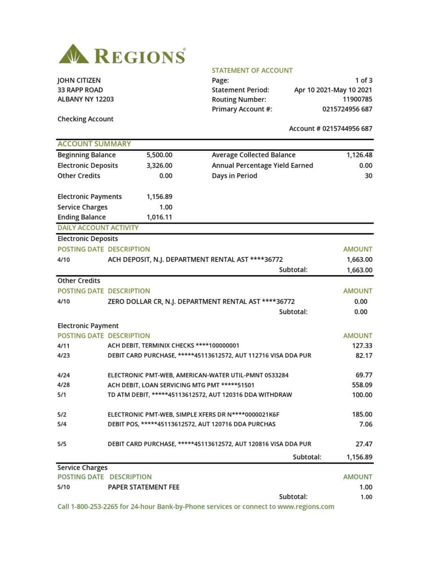 USA Regions Bank Statement Excel And PDF Template