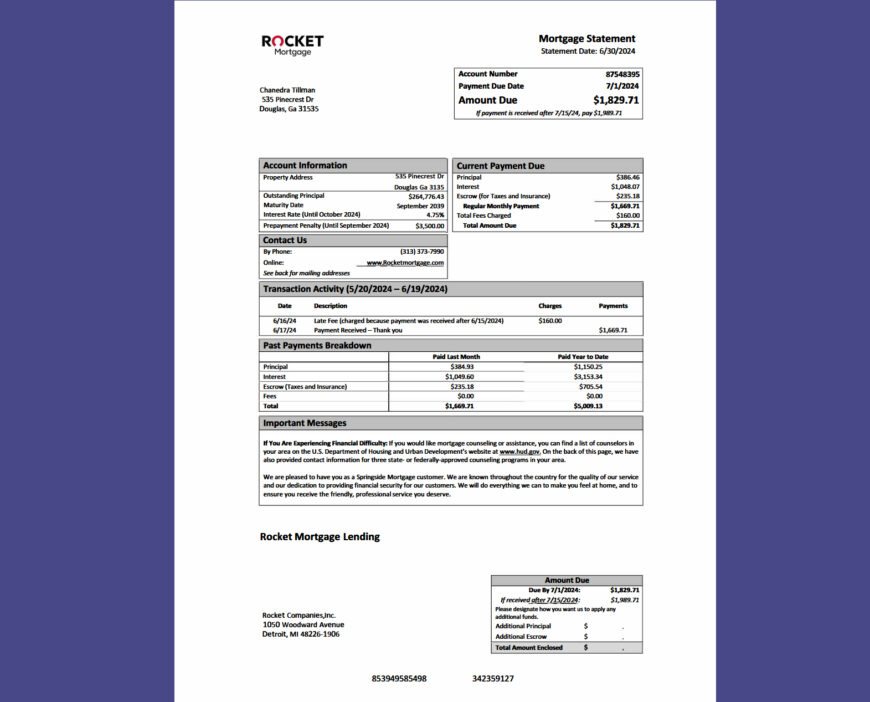 USA Rocket Mortgage Statement Template in word and pdf format