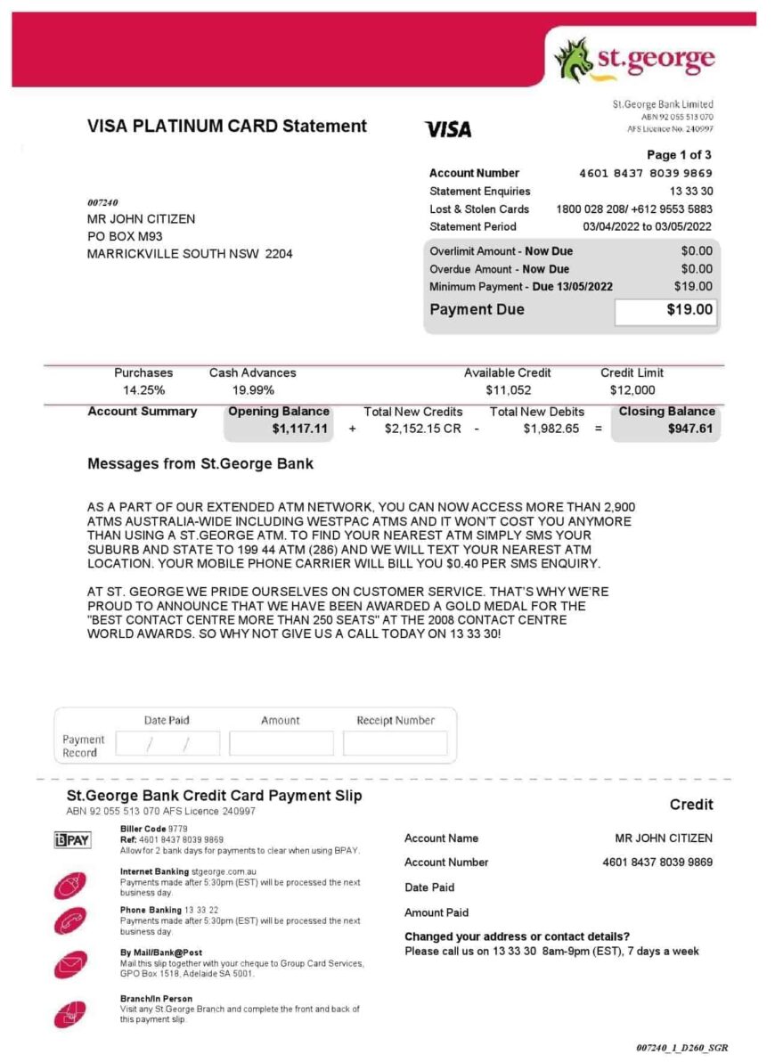USA St. George Bank Visa Card Statement Word And PDF Template 3 Pages