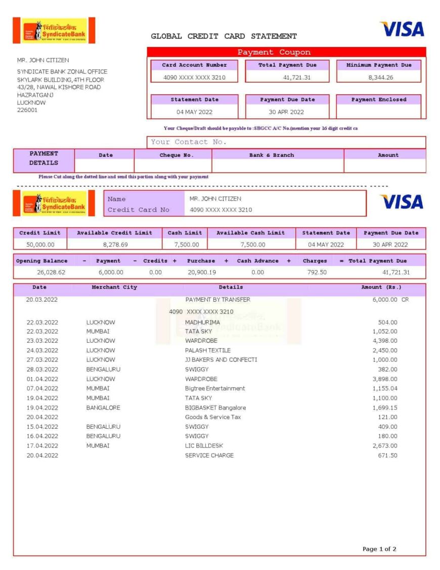 USA Syndicate Bank Credit Card Statement Word And PDF Template 3 Pages