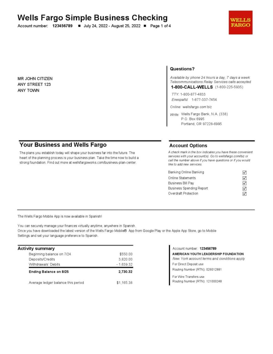 USA Wells Fargo Bank Simple Business Checking Bank Statement Word And PDF Template 4 Pages