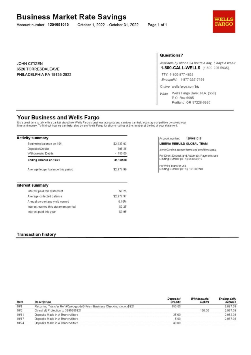 USA Wells Fargo Bank Statement Word And PDF Template Version 2