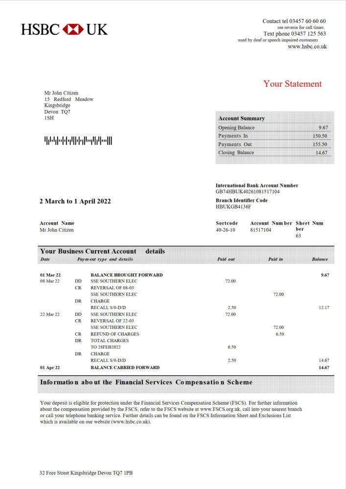 United Kingdom HSBC Bank Business Account Statement Word And PDF Template 3 Pages